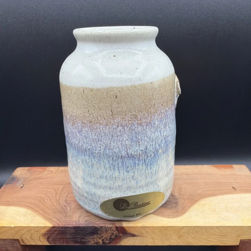 VTG Neher Studio Pottery M&M Jar W/ Cork Lid Beige Blue Funny Gift Handmade 5.5